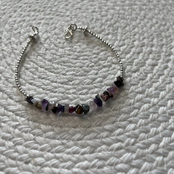 Natural MIXED GEMSTONE CHIPS Handmade Silver Beaded Bracelet Size 8 3/4" #815D - Picture 3 of 3